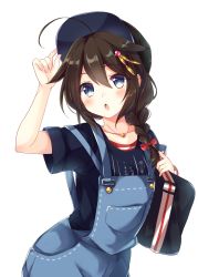 Rule 34 | 10s, 1girl, adjusting clothes, adjusting headwear, ahoge, alternate costume, apron, bag, baseball cap, black hair, blouse, blue apron, blue eyes, blue shirt, blush, braid, collarbone, emilion, hair between eyes, hair flaps, hair ornament, hat, holding, holding bag, jewelry, kantai collection, long hair, looking at viewer, necklace, open mouth, overalls, red shirt, shigure (kancolle), shigure kai ni (kancolle), shirt, simple background, single braid, solo, striped clothes, striped shirt, white background