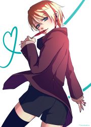 Rule 34 | 1boy, alois trancy, artist name, bad id, bad pixiv id, black thighhighs, blonde hair, blue eyes, blush, candy, food, from behind, heart, heart of string, highres, kuroshitsuji, licking, lollipop, male focus, marmaladica, shorts, simple background, smile, solo, thighhighs, tongue, white background