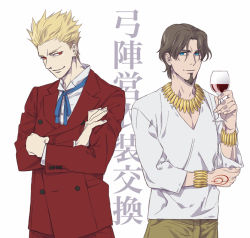 Rule 34 | 2boys, alcohol, blonde hair, blue eyes, bracelet, brown hair, command spell, cosplay, costume switch, cup, drinking glass, facial hair, fate/zero, fate (series), formal, gilgamesh (fate), goatee, jewelry, male focus, multiple boys, necklace, official alternate costume, ouka ac, red eyes, suit, tohsaka tokiomi, wine, wine glass
