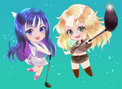 Rule 34 | 2girls, amawashi aoi, belt, birdie wing: golf girls&#039; story, blonde hair, blue background, blue eyes, blue hair, blush, chibi, eve (birdie wing: golf girls&#039; story), golf club, green eyes, hair between eyes, highres, holding, holding golf club, looking at viewer, midriff, multiple girls, navel, open mouth, setsuna rio, shorts, simple background, smile, teeth, upper teeth only
