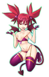 Rule 34 | 1girl, bat wings, boots, bra, breasts, covered erect nipples, demon girl, demon tail, disgaea, etna (disgaea), flat chest, garter belt, garter straps, gloves, greenmarine, high heel boots, high heels, highres, kneeling, lingerie, mini wings, naughty face, navel, panties, pointy ears, purple bra, purple footwear, purple gloves, purple panties, purple thighhighs, red eyes, red hair, small breasts, smile, solo, strap pull, strap slip, tail, thigh boots, thighhighs, tongue, tongue out, twintails, underwear, underwear only, wings