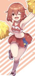 Rule 34 | 1girl, armpits, bad anatomy, bad perspective, brown eyes, brown hair, cheerleader, collarbone, commission, fang, full body, hair between eyes, hair ornament, hairclip, heart, highres, ikazuchi (kancolle), kantai collection, navel, one eye closed, open mouth, pixiv commission, pleated skirt, pom pom (cheerleading), red skirt, short hair, skirt, smile, solo, unagiman, white footwear