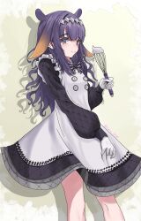Rule 34 | 1girl, animal ears, apron, black dress, blush, buttons, clothed male nude male, commentary, dress, drop shadow, english commentary, feet out of frame, flat chest, frilled apron, frills, gloves, gradient hair, grey eyes, hair flaps, headpiece, highres, holding, holding whisk, hololive, hololive english, long hair, long sleeves, looking at viewer, multicolored hair, ninomae ina&#039;nis, ninomae ina&#039;nis (6th costume), nude, official alternate costume, official alternate hairstyle, orange hair, pointy ears, puffy long sleeves, puffy sleeves, purple hair, sidelocks, smile, solo, tentacle hair, twitter username, varo 006, virtual youtuber, wavy hair, whisk, white apron, white gloves