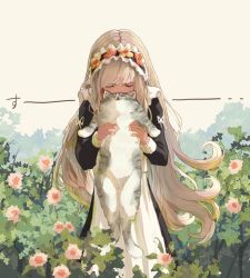 Rule 34 | 1girl, animal, apron, blonde hair, cat, closed mouth, flower, hairband, holding, holding animal, long hair, maid, maid apron, oimo imoo, original, outdoors, smelling, smile, solo, very long hair