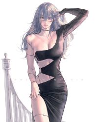 Rule 34 | 1girl, black dress, blue eyes, breasts, cleavage, dress, genderswap, genderswap (mtf), grey hair, hair between eyes, hand in own hair, heterochromia, highres, holding, holding clothes, holding dress, jewelry, jujutsu kaisen, long hair, looking at viewer, mahito (jujutsu kaisen), medium breasts, midriff, necklace, revealing clothes, side slit, simple background, solo, stitched arm, stitched face, stitched leg, stitched neck, stitches, twitter username, wengwengchim, white background