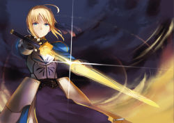 Rule 34 | 1girl, ahoge, armor, armored dress, artoria pendragon (fate), blonde hair, blue eyes, breastplate, dress, excalibur (fate/stay night), fate/stay night, fate/zero, fate (series), faulds, frown, gauntlets, glowing, glowing sword, glowing weapon, hair ribbon, juliet sleeves, lens flare, long sleeves, looking at viewer, puffy sleeves, ribbon, saber (fate), sheath, shirabi, short hair, solo, sword, unsheathing, weapon, wind