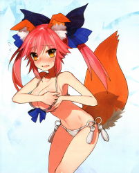 Rule 34 | 10s, 1girl, :o, absurdres, adjusting clothes, adjusting swimsuit, animal ears, armpits, bikini, blush, breast hold, breasts, cleavage, collarbone, d:, fate/extra, fate/extra ccc, fate (series), fox ears, fox tail, frown, highres, large breasts, legs, navel, official alternate costume, open mouth, pink hair, scan, side-tie bikini bottom, solo, sweat, swimsuit, tail, tamamo (fate), tamamo no mae (fate/extra), tamamo no mae (sexy bikini) (fate), wada arco, wavy mouth, white bikini