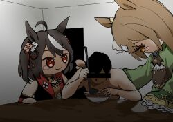Rule 34 | 1boy, 2others, absurdres, ahoge, animal ears, bar censor, black hair, blank room soup, bowl, brown hair, censored, chanchanko (clothes), commentary, cosplay, doqute stuffed doll, ear ornament, food, frilled sleeves, frills, highres, holding, holding ladle, horse ears, horse girl, identity censor, japanese clothes, kakuteru sudachi, kigurumi, kitasan black (umamusume), ladle, long hair, long sleeves, looking down, multicolored hair, multiple others, orange eyes, red eyes, satono diamond (umamusume), short hair, soup, streaked hair, stuffed toy, two-tone hair, two side up, umamusume, white hair, yotsuwari-bishi