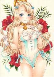 Rule 34 | 1girl, alternate costume, aqua bow, aqua one-piece swimsuit, aqua ribbon, azur lane, blush, bow, bow swimsuit, bracelet, breasts, collarbone, covered navel, cowboy shot, cross, emile bertin (azur lane), emile bertin (cote d&#039;azur) (azur lane), eyelashes, flower, foreshortening, gloves, groin, hair bow, hand on own chest, hands up, hibiscus, highleg, highleg swimsuit, highres, jewelry, legs together, long hair, looking at viewer, medium breasts, one-piece swimsuit, open mouth, polka dot, polka dot bow, polka dot ribbon, polka dot swimsuit, red flower, ribbon, saya pr, simple background, smile, solo, standing, swept bangs, swimsuit, thigh gap, thighs, tongue, traditional media, white gloves