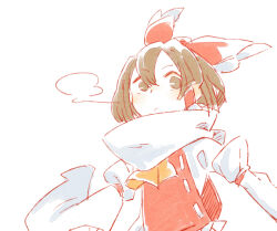 Rule 34 | 1girl, ascot, bow, breath, brown eyes, brown hair, commentary, hair between eyes, hair bow, hair tubes, hakurei reimu, long sleeves, looking at viewer, red bow, red vest, scarf, shirt, simple background, solo, symbol-only commentary, touhou, vest, white background, white scarf, white shirt, wide sleeves, winter clothes, yellow ascot, ziro (daydozen)