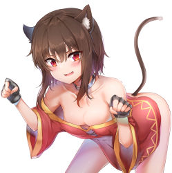 Rule 34 | 1girl, animal ears, bare shoulders, blush, breasts, brown hair, cat ears, cat girl, cat tail, collar, downblouse, dress, fingerless gloves, gloves, highres, kemonomimi mode, kono subarashii sekai ni shukufuku wo!, leaning forward, megumin, no bra, no panties, off shoulder, paw pose, red eyes, short hair with long locks, simple background, small breasts, solo, standing, strapless, strapless dress, sunhyun, tail, white background, wide sleeves