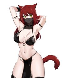 Rule 34 | 1girl, absurdres, animal ears, arm strap, armpits, arms up, azmi yudista, bare shoulders, black choker, breasts, cat ears, cat tail, choker, commentary, commission, cowboy shot, facial mark, final fantasy, final fantasy xiv, green eyes, grin, harem outfit, highres, large breasts, looking at viewer, miqo&#039;te, mouth veil, navel, pelvic curtain, red hair, simple background, smile, solo, standing, stomach, tail, thighs, veil, warrior of light (ff14), whisker markings, white background