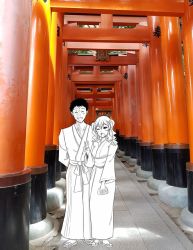 Rule 34 | 1boy, 1girl, ^ ^, architecture, arm behind back, bag, closed eyes, east asian architecture, closed eyes, geta, hand on another&#039;s shoulder, handbag, holding, holding bag, holding handbag, inari, japanese clothes, kantai collection, kashima (kancolle), kimono, one eye closed, outdoors, photo background, robba-san (wangphing), sandals, scar, short hair, smile, standing, torii, twintails, v, very short hair, wangphing