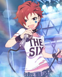 Rule 34 | &gt;:d, 10s, 1girl, :d, blue eyes, brown hair, collar, female focus, idolmaster, idolmaster million live!, julia (idolmaster), lens flare, looking at viewer, microphone, music, navel, official art, open mouth, punk, punk rock, short hair, singing, smile, solo, spiked collar, spikes, star (symbol), v-shaped eyebrows