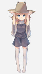 Rule 34 | 1girl, barefoot, blonde hair, blue eyes, full body, grey background, hair ornament, hair ribbon, hands on headwear, hat, highres, long sleeves, looking at viewer, moriya suwako, no shoes, ribbon, shirt, shone, short hair, simple background, skirt, skirt set, smile, solo, standing, thighhighs, touhou, turtleneck, vest, white thighhighs, wide sleeves, zettai ryouiki