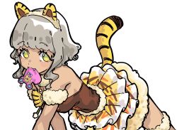 Rule 34 | 1girl, all fours, animal ear hairband, animal ears, bare shoulders, breasts, brown shirt, cat ear hairband, cat ears, cat tail, dark-skinned female, dark skin, fake animal ears, feet out of frame, fugota6509, fur-trimmed skirt, fur collar, fur trim, hairband, highres, kiracchu (pri chan), kiratto pri chan, layered skirt, looking at viewer, medium breasts, mouse (animal), mouth hold, pretty series, pripara, shirt, short hair, sidelocks, simple background, skirt, solo, tail, taiyo pepper, thigh strap, white background, yellow eyes