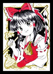 Rule 34 | 1girl, ascot, bow, closed mouth, detached sleeves, fingernails, frilled bow, frilled hair tubes, frills, gohei, hair bow, hair tubes, hakurei reimu, hand up, highres, holding, holding gohei, long hair, looking at viewer, medinki, official style, red bow, ribbon-trimmed sleeves, ribbon trim, smile, solo, touhou, traditional media, yellow ascot, zun (style)