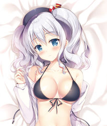 Rule 34 | 10s, 1girl, bad id, bad pixiv id, bare shoulders, bed sheet, beret, bikini, black bikini, black hat, blue eyes, blush, breasts, cleavage, closed mouth, collarbone, from above, hat, head tilt, kantai collection, kashima (kancolle), large breasts, looking at viewer, off shoulder, open clothes, open shirt, shirt, silver hair, smile, solo, sousouman, swimsuit, twintails, upper body, wavy mouth, white shirt