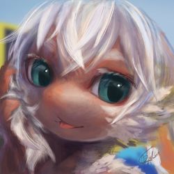 Rule 34 | 1girl, blue eyes, body fur, female focus, furry, furry female, highres, japanese macaque, monkey, monkey girl, original, portrait, rady-wolf, signature, solo, tongue, tongue out, white hair
