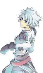 Rule 34 | 1boy, blue eyes, gloves, looking back, male focus, senel coolidge, simple background, solo, tales of (series), tales of legendia, white background, white hair