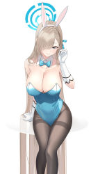 Rule 34 | 1girl, absurdly long hair, absurdres, animal ears, asuna (blue archive), asuna (bunny) (blue archive), blonde hair, blue archive, blue bow, blue bowtie, blue eyes, blue leotard, blue ribbon, bow, bowtie, breasts, cleavage, closed mouth, detached collar, elbow gloves, fake animal ears, gloves, hair over one eye, hair ribbon, hairband, halo, hand up, highres, large breasts, leotard, long hair, mole, mole on breast, pantyhose, playboy bunny, rabbit ears, ribbon, sitting, smile, solo, thighband pantyhose, very long hair, white gloves, white hairband, wing collar, xiaoxiao de kuangsan