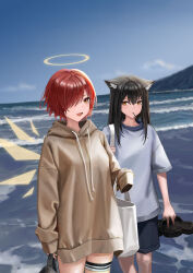 Rule 34 | 2girls, absurdres, angel, animal ear fluff, animal ears, arknights, bag, black hair, blue shirt, blue shorts, brown hoodie, commentary, cowboy shot, day, detached wings, energy wings, english commentary, exusiai (arknights), food in mouth, gaai, hair over one eye, halo, highres, holding, holding clothes, holding footwear, hood, hoodie, long hair, long sleeves, looking at another, looking at viewer, multiple girls, ocean, open mouth, orange eyes, outdoors, pocky, pocky in mouth, red eyes, red hair, shirt, short hair, shorts, shoulder bag, sidelocks, sky, sleeves past fingers, sleeves past wrists, texas (arknights), thigh strap, wading, wings, wolf ears, wolf girl