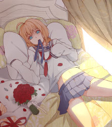 Rule 34 | 1girl, ahoge, alternate costume, artoria pendragon (all), artoria pendragon (fate), bad id, bad pixiv id, bed, blanket, blonde hair, blue eyes, blue ribbon, blue skirt, box, candy, cowboy shot, curtains, eyebrows, eyelashes, fate/stay night, fate (series), floral print, flower, food, gift, gift box, highres, looking at viewer, loose clothes, loose shirt, lying, miniskirt, mizu (dl7613), mouth hold, on back, on bed, petals, pillow, pleated skirt, red flower, red ribbon, red rose, ribbon, ribbon in mouth, rose, saber (fate), school uniform, serafuku, shade, shirt, skirt, sleeves past wrists, solo, spread legs