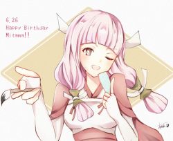 Rule 34 | 1girl, ;d, artist name, atoatto, atodonotea, brown eyes, capelet, character name, fire emblem, fire emblem fates, happy birthday, long hair, low twintails, mitama (fire emblem), nintendo, one eye closed, open mouth, paintbrush, pink hair, smile, solo, star-shaped pupils, star (symbol), symbol-shaped pupils, twintails