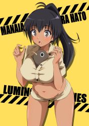 Rule 34 | 1girl, ahoge, bird, black hair, blush, breasts, brown eyes, brown shorts, character name, copyright name, highres, kiwi (bird), large breasts, long hair, luminous witches, manaia matawhaura hato, midriff, navel, open mouth, ponytail, shiny skin, shorts, simple background, tricky 46, world witches series