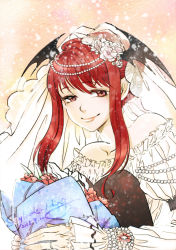 Rule 34 | 1girl, artist name, beads, bouquet, bridal veil, collarbone, dated, demon wings, dress, eyelashes, fingernails, flower, gradient background, hair beads, hair ornament, hair up, happy, jewelry, koakuma, light smile, lips, long hair, long sleeves, looking at viewer, nail polish, neck, nose, off-shoulder dress, off shoulder, pink nails, pointy ears, red eyes, red hair, ring, rose, semei (skylarkmei), smile, solo, touhou, veil, wedding band, wedding dress, wedding ring, white dress, wings