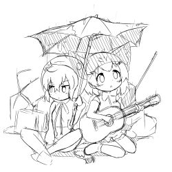 Rule 34 | 10s, 2girls, :o, animal ears, bare shoulders, blush, bow, bowtie, breasts, cat ears, cat tail, closed mouth, damaged, elbow gloves, fingerless gloves, gloves, greyscale, hair between eyes, highres, holding, holding instrument, holding umbrella, hood, hood up, hoodie, instrument, kemono friends, long sleeves, looking away, looking up, makuran, medium breasts, monochrome, multiple girls, parted lips, rain, sand cat (kemono friends), shirt, shoes, sitting, sketch, sleeveless, sleeveless shirt, tail, tsuchinoko (kemono friends), umbrella