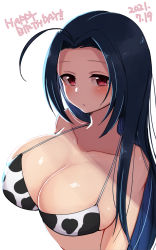 Rule 34 | 1girl, ahoge, animal print, bikini, blue hair, breasts, collarbone, commentary request, cow print, dated, happy birthday, highres, idolmaster, idolmaster (classic), konboi-eg, large breasts, long hair, looking at viewer, miura azusa, print bikini, red eyes, simple background, solo, swimsuit, upper body, white background, white bikini