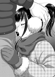 Rule 34 | 1boy, 1girl, bar censor, blush, censored, closed eyes, clothed sex, coat, cum, cum in mouth, cum overflow, earmuffs, fellatio, from side, gloves, greyscale, hetero, highres, irrumatio, malcorond, mittens, monochrome, motion lines, oral, original, pants, penis, ponytail, profile, scarf, solo focus, sweat, upper body, winter clothes, winter coat
