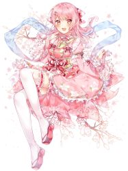 Rule 34 | 1girl, bad id, bad twitter id, bang dream!, blush, commentary, dress, flower, frilled thighhighs, frills, full body, hair between eyes, hair ornament, hairclip, highres, looking at viewer, maruyama aya, open mouth, pink eyes, pink hair, sidelocks, smile, solo, taya oco, thighhighs, twitter username, white background, white thighhighs