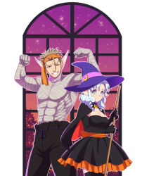 Rule 34 | 1boy, 1girl, aged down, animal ears, aquaplus, black gloves, blonde hair, blue eyes, breasts, broom, cape, cleavage, cowboy shot, curly hair, dress, frilled dress, frills, gloves, grey eyes, grin, halloween, halloween costume, hat, headband, height difference, large breasts, lips, looking at viewer, manyu274, medium hair, mikazuchi (utawarerumono), monochrome mobius, mummy, mummy costume, munechika, muscular, muscular male, orange sash, over shoulder, pointy ears, sash, short hair, smile, smug, thighhighs, thighs, utawarerumono, utawarerumono: itsuwari no kamen, witch, witch hat, yellow eyes