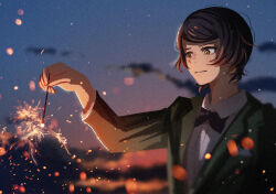 Rule 34 | 1boy, black bow, black bowtie, black hair, blurry, blurry background, bow, bowtie, bungou stray dogs, closed mouth, cloud, collared shirt, commentary request, dusk, fireworks, green jacket, highres, holding, holding fireworks, jacket, long sleeves, male focus, mushitarou oguri (bungou stray dogs), norimizu, outdoors, shirt, short hair, sky, solo, sparkler, swept bangs, upper body, white shirt, yellow eyes
