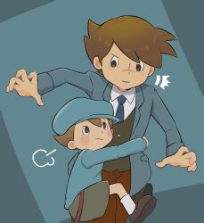 Rule 34 | 2boys, puff of air, black eyes, blue background, blue headwear, blue jacket, blue necktie, blue sweater, blush, brown hair, brown pants, brown vest, cabbie hat, clinging, closed mouth, collared shirt, commentary request, frown, future luke, grey shorts, hair between eyes, hat, highres, jacket, kiwami (kiwamimuneko), long sleeves, looking at another, luke triton, male focus, multiple boys, necktie, open clothes, open jacket, open mouth, pants, professor layton, professor layton and the unwound future, shirt, short hair, shorts, standing, surprised, suspenders, suspenders hanging, sweater, vest, white shirt