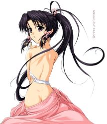 Rule 34 | 00s, 1girl, ass, bandages, black hair, butt crack, clothes down, from behind, hair ribbon, hand on own shoulder, haruka (sister princess), long hair, looking back, nude, parted bangs, ponytail, purple eyes, ribbon, sarashi, sidelocks, simple background, sister princess, smile, solo, tress ribbon, undressing, very long hair, white background, zundarepon