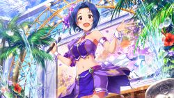 Rule 34 | 1girl, ahoge, armpits, artist request, bare shoulders, blue hair, blush, breasts, day, earrings, flower, hair ornament, hat, idol, idolmaster, idolmaster (classic), idolmaster million live!, idolmaster million live! theater days, jewelry, looking at viewer, microphone, midriff, mini hat, miura azusa, navel, official art, outdoors, outstretched arms, palm tree, purple skirt, red eyes, short hair, skirt, smile, solo, spread arms, stage, sunlight, tree, water, wrist cuffs