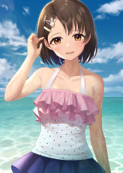 Rule 34 | 1girl, absurdres, animal hair ornament, arm up, bare arms, blue sky, brown eyes, brown hair, cloud, collarbone, commentary request, cowboy shot, day, frilled swimsuit, frills, hair ornament, hairclip, highres, horizon, idolmaster, idolmaster cinderella girls, looking at viewer, ocean, one-piece swimsuit, open mouth, outdoors, polka dot, polka dot swimsuit, sasaki chie, short hair, sky, smile, solo, standing, swimsuit, swimsuit skirt, tsunenorip, white one-piece swimsuit