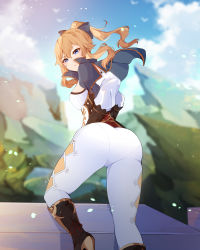 Rule 34 | 1girl, absurdres, ass, blonde hair, blush, boots, bow, breasts, capelet, from behind, from below, genshin impact, gloves, hair bow, highres, jean (genshin impact), long hair, looking at viewer, looking back, looking down, pants, pantylines, ponytail, purple eyes, sideboob, solo, tight clothes, tight pants, weiic