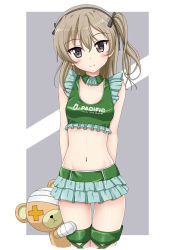 Rule 34 | 10s, 1girl, bare shoulders, black hairband, black ribbon, blue skirt, blush, boko (girls und panzer), breasts, brown eyes, closed mouth, clothes writing, commentary request, cropped legs, flipper, girls und panzer, green shirt, hair between eyes, hair ribbon, hairband, head tilt, layered skirt, light brown hair, long hair, midriff, navel, one side up, pleated skirt, ribbon, shimada arisu, shirt, skirt, sleeveless, sleeveless shirt, small breasts, smile, solo, stuffed animal, stuffed toy, teddy bear