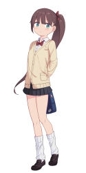 Rule 34 | 1girl, arms behind back, bag, bare legs, black skirt, blunt bangs, bow, bowtie, brown footwear, brown hair, copyright request, dot nose, expressionless, full body, green eyes, highres, jacket, light blush, long hair, long sleeves, looking at viewer, loose socks, mary janes, miniskirt, pleated skirt, ponytail, red bow, red bowtie, saiste, shirt, shoes, simple background, skirt, socks, solo, very long hair, white background, white shirt, white socks, wing collar, yellow jacket