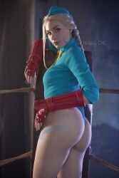 Rule 34 | 1girl, ass, braid, breasts, cammy white, cammy white (cosplay), cosplay, earrings, fingerless gloves, from behind, gloves, hat, highres, jewelry, kristy che, large breasts, leotard, long hair, necktie, real life, street fighter, street fighter zero (series), thong leotard