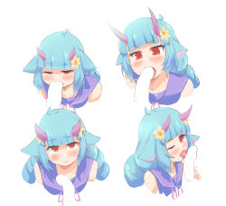 Rule 34 | 1boy, 1girl, blue hair, blush, delmin (show by rock!!), fellatio, flower, hair flower, hair ornament, highres, horns, licking, licking penis, multiple views, oral, penis, red eyes, show by rock!!