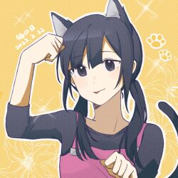 Rule 34 | 1girl, animal ears, arm up, asahina hiyori, black eyes, black hair, black shirt, blunt bangs, canvas texture, cat day, cat ears, cat girl, cat tail, clenched hands, closed mouth, commentary, dated, dotted background, dress, floral background, kagerou project, kemonomimi mode, koyon, long hair, low twintails, outline, overalls, paw pose, paw print, pink dress, pink overalls, shirt, sleeves past elbows, smile, solo, t-shirt, tail, twintails, upper body, white outline, yellow background