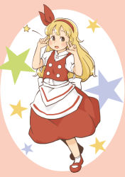 Rule 34 | 1girl, apron, blonde hair, chii-kun (seedyoulater), double v, ellen (touhou), full body, hair ribbon, hairband, long hair, looking at viewer, mary janes, open mouth, puffy short sleeves, puffy sleeves, red footwear, red ribbon, red skirt, red vest, ribbon, shoes, short sleeves, skirt, skirt set, socks, solo, star (symbol), touhou, touhou (pc-98), v, vest, waist apron, white socks