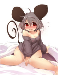 Rule 34 | 1girl, aki (akikaze asparagus), animal ears, bad id, bad pixiv id, bare shoulders, blush, breasts, cleavage, female focus, mouse ears, mouse tail, naked sweater, nazrin, open mouth, red eyes, ribbed sweater, solo, sweater, tail, thighs, touhou