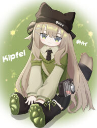 1girl :3 animal_ear_headwear animal_ears animal_hat bag beanie between_legs black_footwear black_hat black_necktie black_skirt blush boots brown_hair cat_hat character_name closed_mouth collared_shirt fake_animal_ears fish_bone fish_bone_print full_body green_background green_eyes green_shirt green_sweater grey_hair hair_between_eyes hair_bun hair_ornament hair_ribbon hairclip hand_between_legs hat kipfel_(vrchat) layered_sleeves long_hair long_sleeves looking_at_viewer mochiyama_kingyo necktie one_side_up open_hands paw_print paw_print_soles pleated_skirt puffy_long_sleeves puffy_sleeves ribbon shirt shoe_soles short_over_long_sleeves short_sleeves shoulder_bag single_hair_bun sitting skirt smile solo sweater sweater_vest tail trump1022 very_long_hair vrchat white_shirt