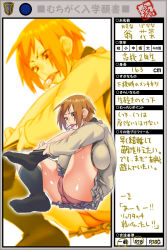 Rule 34 | 1girl, breasts, brown hair, cameltoe, cardigan, character name, cleavage, female focus, highres, huge breasts, large breasts, mouth hold, muchigaku, musyasabu, no shoes, okina banana, panties, pantyshot, partially translated, pleated skirt, red eyes, school uniform, short hair, sitting, skirt, socks, solo, translation request, underwear, upskirt, zoom layer